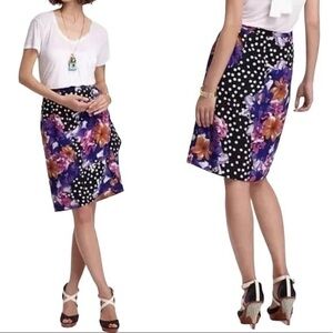 Anthropologie BARASCHI Beryl Skirt Purple floral Black White Polka Dot Print